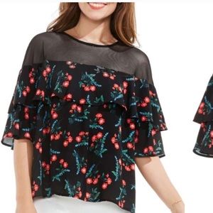 Vince Camuto Black Floral Ruffle Top with Sheer Yoke